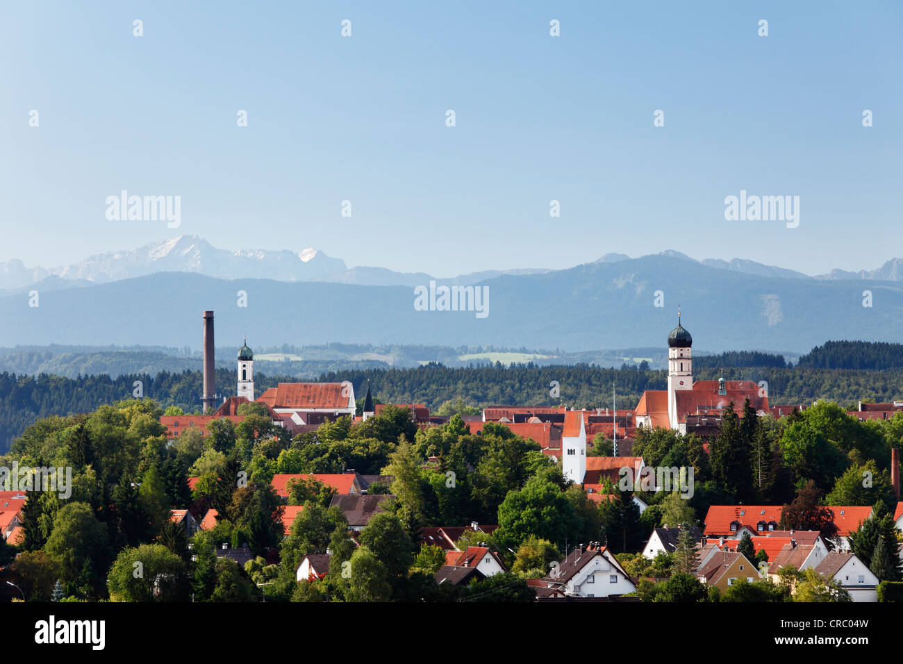Blick von Norden in Richtung Alpen, Schongau, Pfaffenwinkel, Upper Bavaria, Bayern, Deutschland, Europa Stockfoto