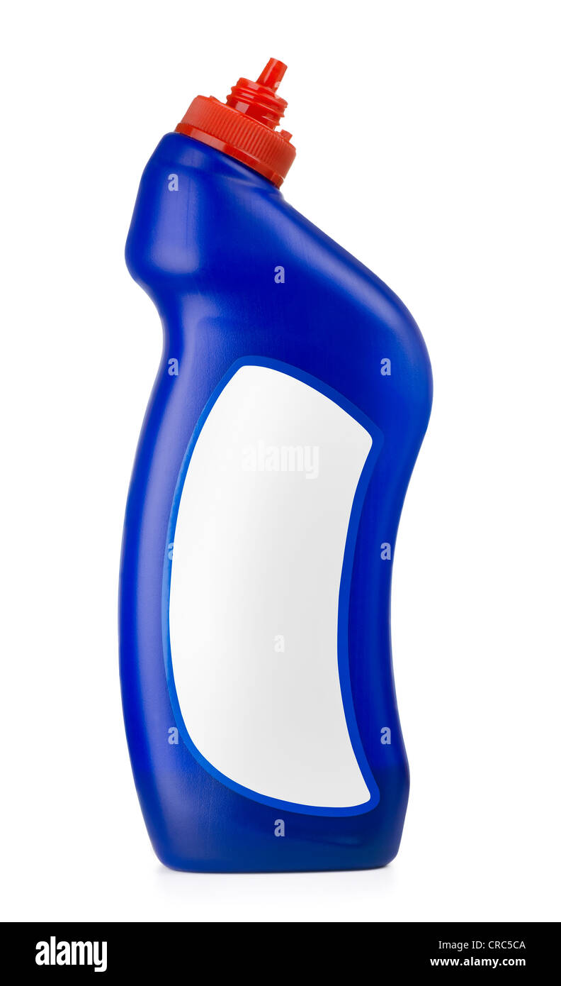 Blaue Kunststoff-Flasche WC-Reiniger Reiniger mit leere Beschriftung isoliert auf weiss Stockfoto