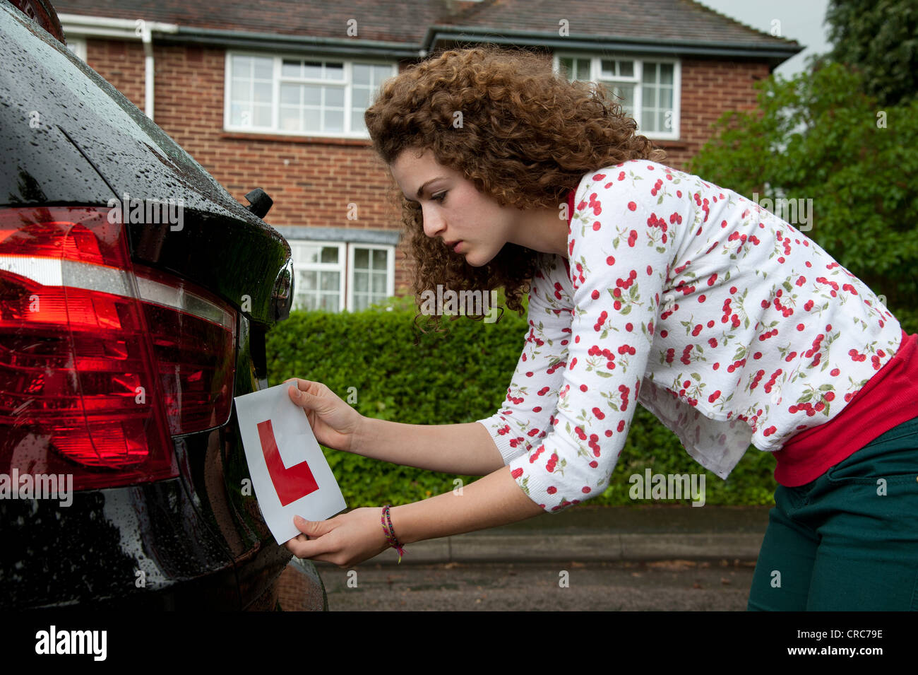 Junge weibliche Autofahrer ein Fahrschüler "L" Platte zu ihrem Auto anbringen Stockfoto