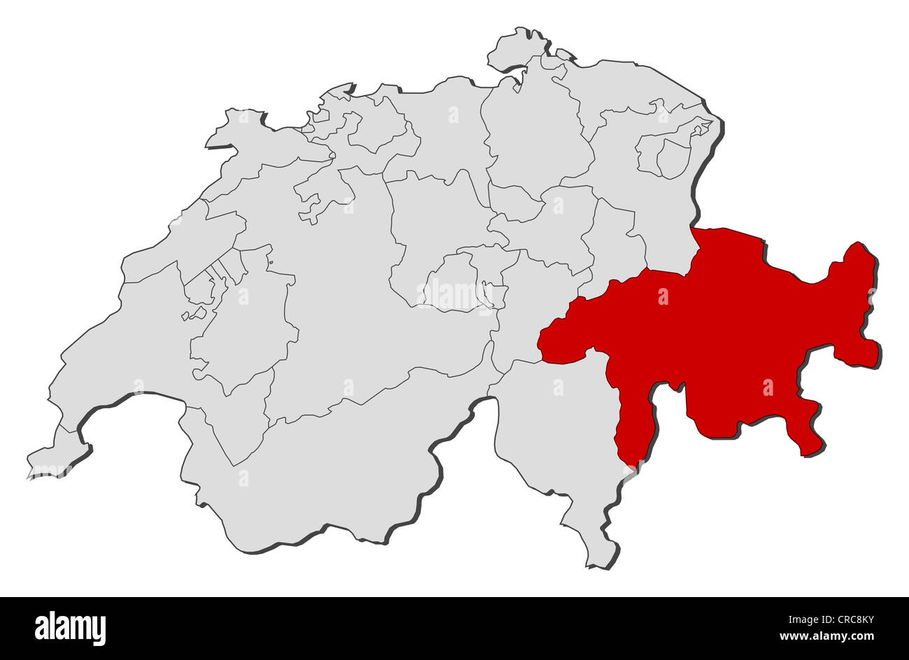 Politische Karte der Schweiz mit den verschiedenen Kantonen, wo Graubünden markiert ist. Stockfoto