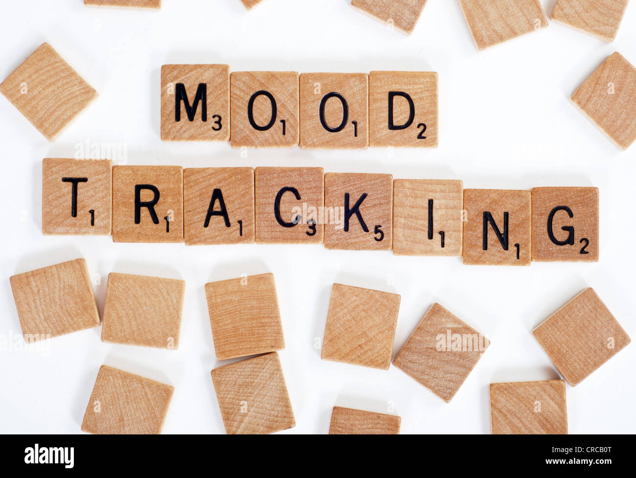 Holz-Scrabble Fliesen buchstabieren der Wörter "Tracking Stimmung". Auf weiß Stockfoto