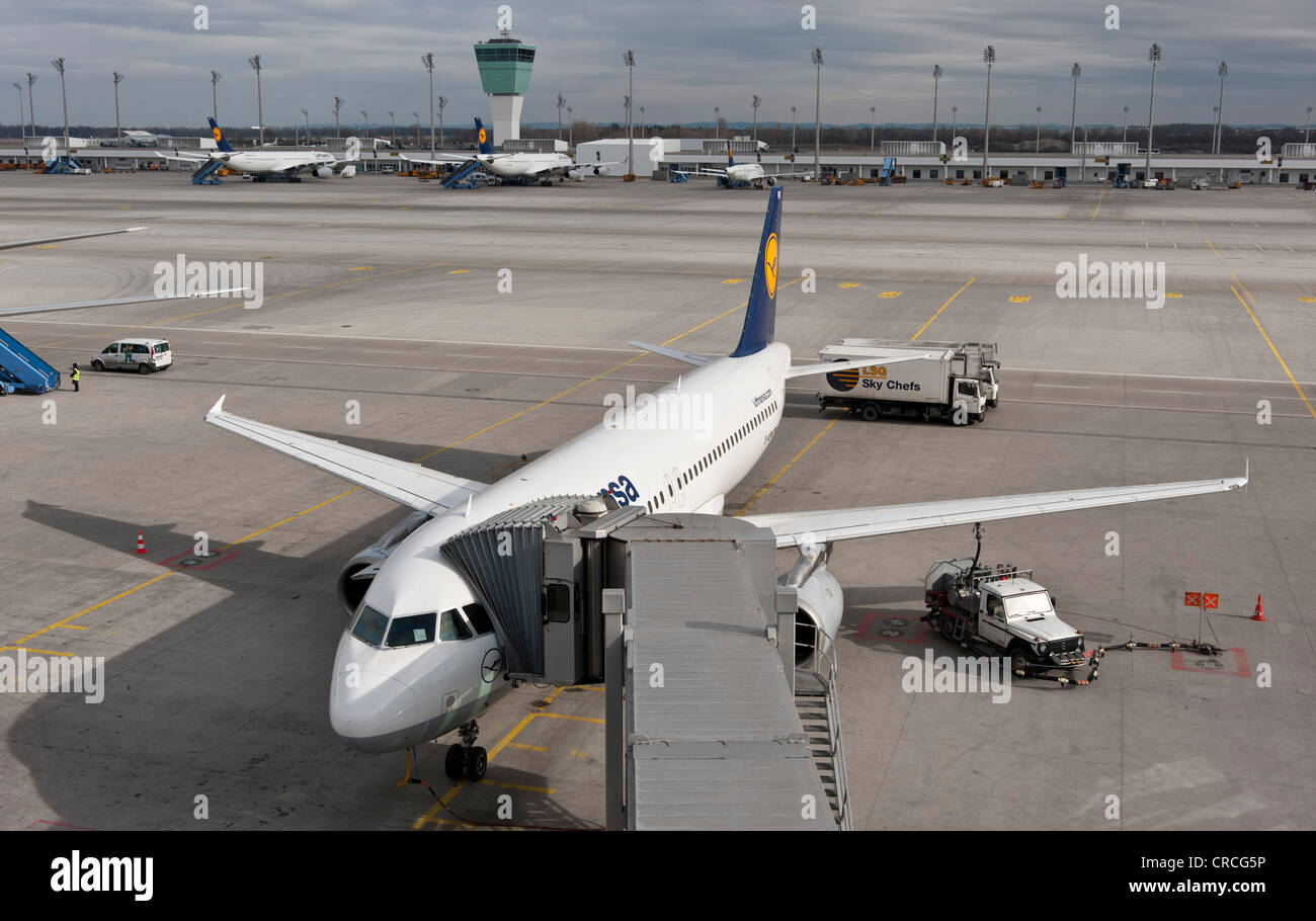 Lufthansa Airbus A320-200, Wiesbaden, am Flughafen München, Bayern, Deutschland, Europa Stockfoto