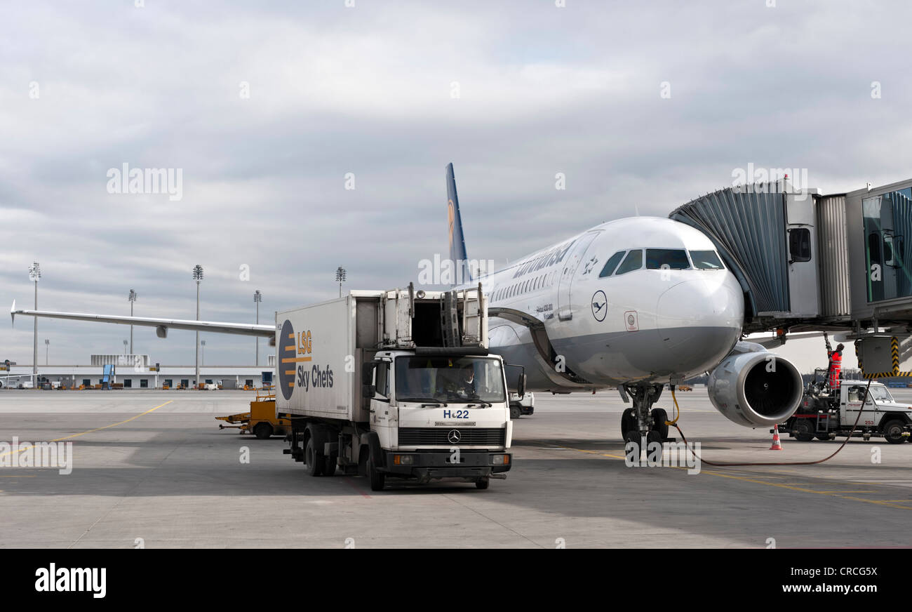 Lufthansa Airbus A320-200, Wiesbaden, am Flughafen München, Bayern, Deutschland, Europa Stockfoto