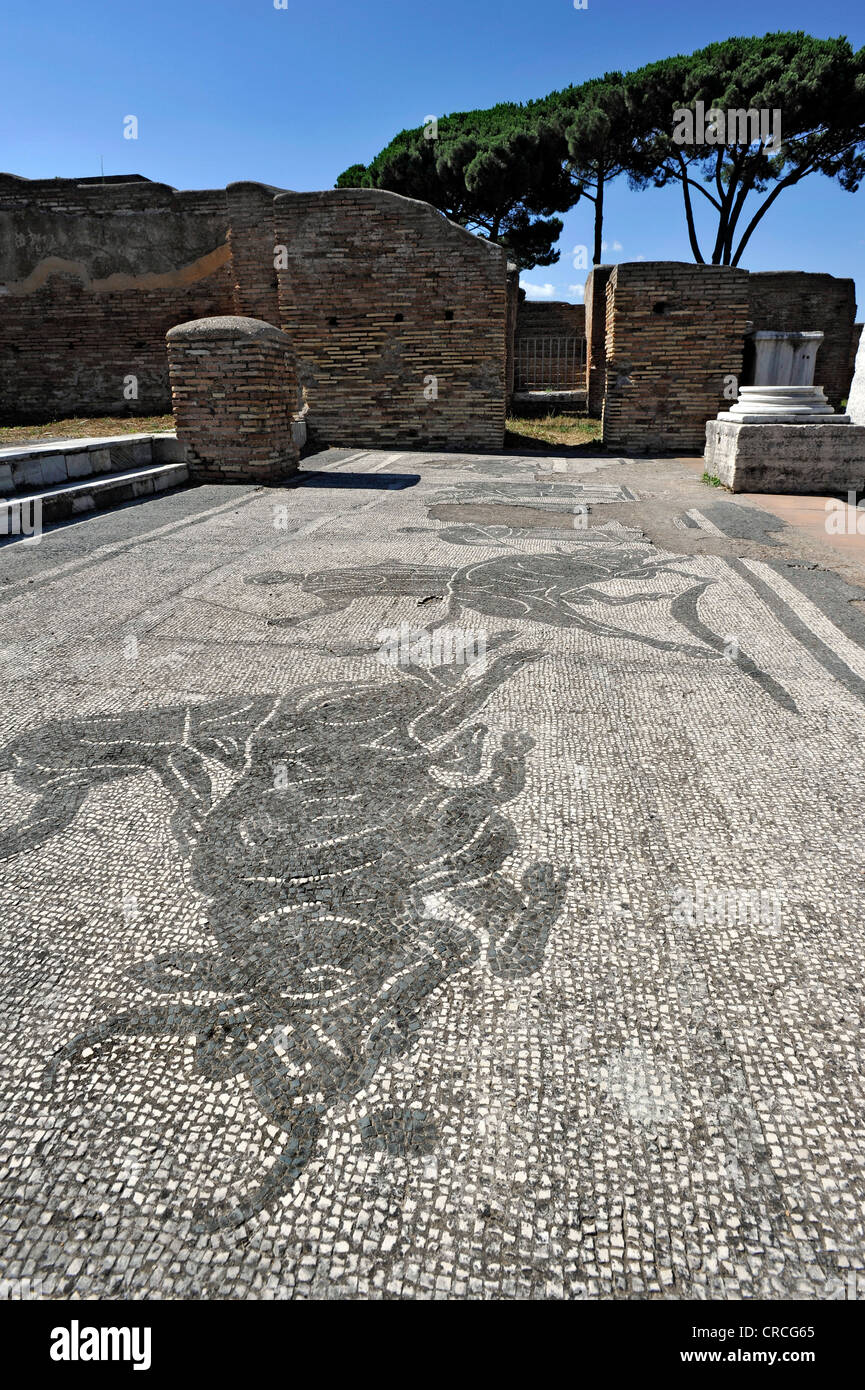 Mosaiken in den Ruinen der Polizeikaserne der Caserma dei Vigili Ausgrabungsstätte Ostia Antica, die alte Hafenstadt Roms Stockfoto