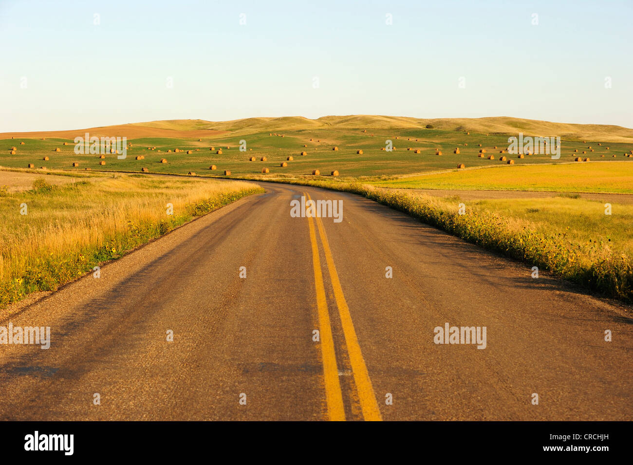 Einsame Straße durch die Felder und Prärien von Saskatchewan, Kanada Stockfoto
