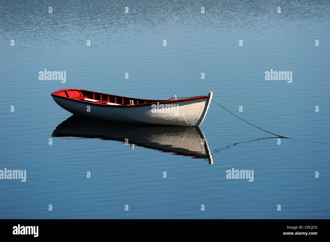 Leeres Boot auf dem Wasser mit Reflexion, Neufundland, Kanada, Nordamerika Stockfoto