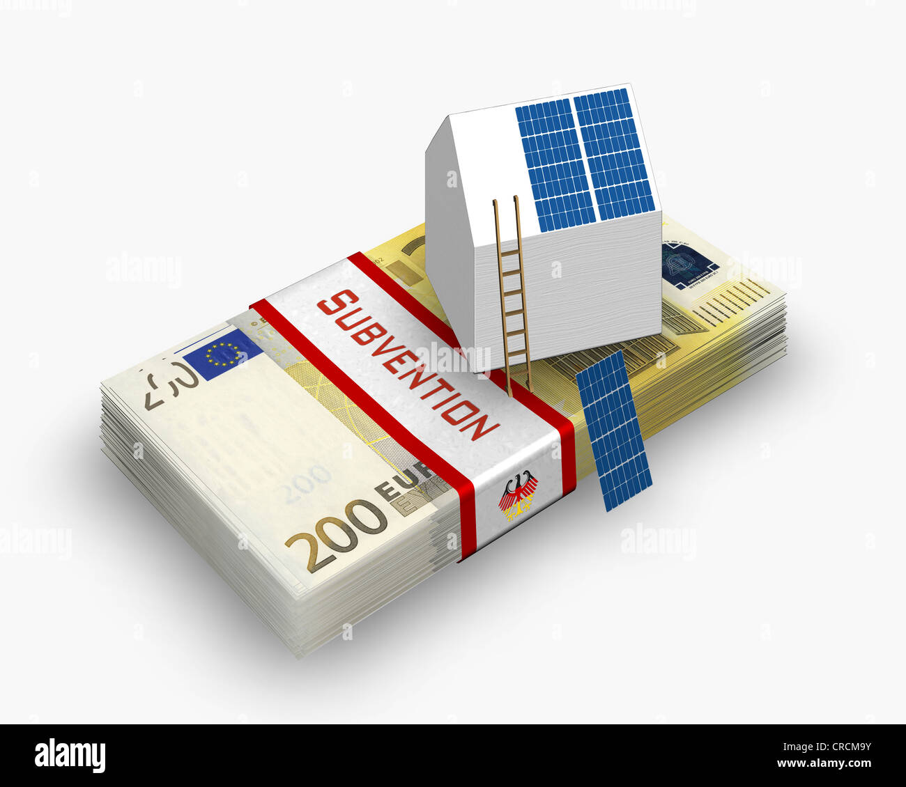 Haus mit Sonnenkollektoren, Euro-Banknoten, Subventionen, Illustration, symbolisches Bild für Solarförderung Stockfoto