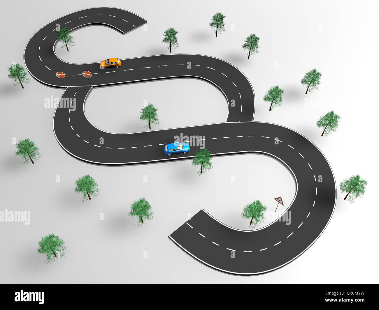 Autos auf einer Straße, geformt wie ein Abschnitt Zeichen, Illustration, symbolisches Bild für Verkehrsrecht Stockfoto
