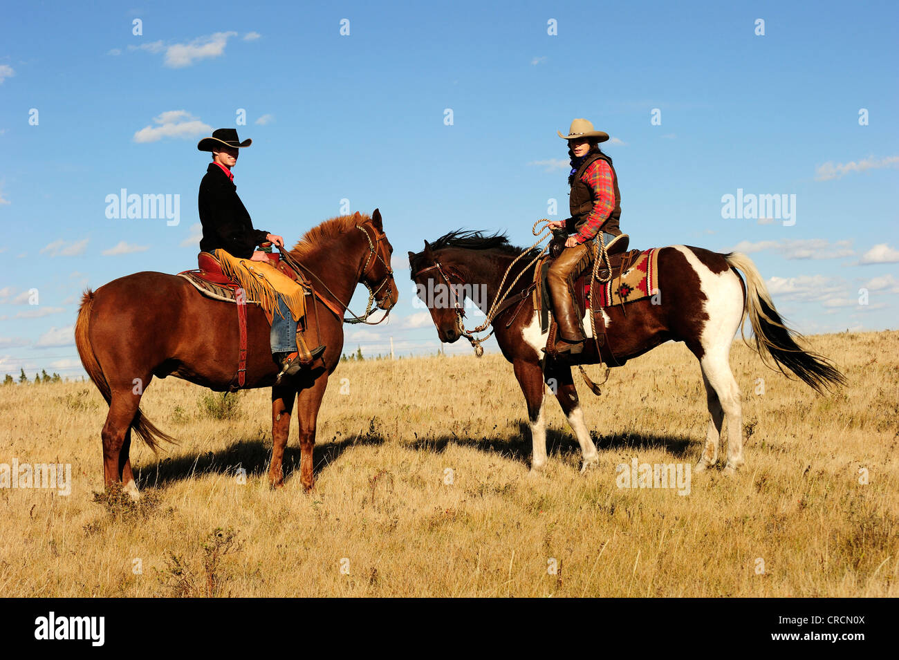 Cowboy und Cowgirl in der Prärie, Saskatchewan, Kanada Stockfoto