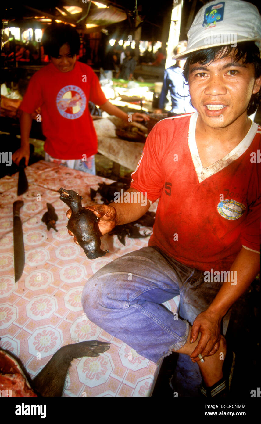 Samstag-Markt in dem Dorf Tomahon in Manado. Einige Männer zeigen kleine Fledermäuse zu verkaufen, Indonesien, Sulawesi Stockfoto