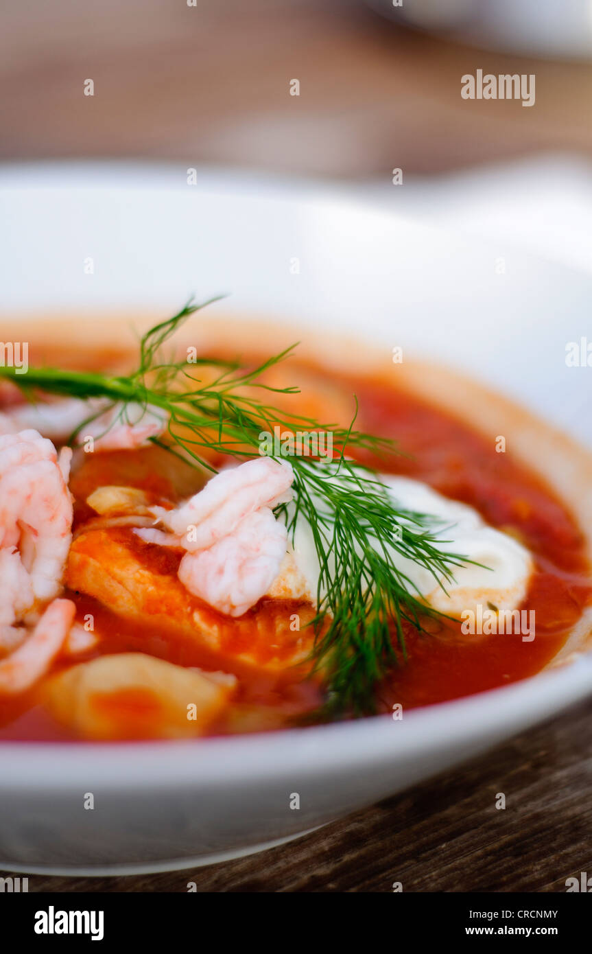 Typisches Gericht der baltischen Länder: Fischsuppe mit Tomaten-Aioli-Sauce. Geringe Schärfentiefe Stockfoto