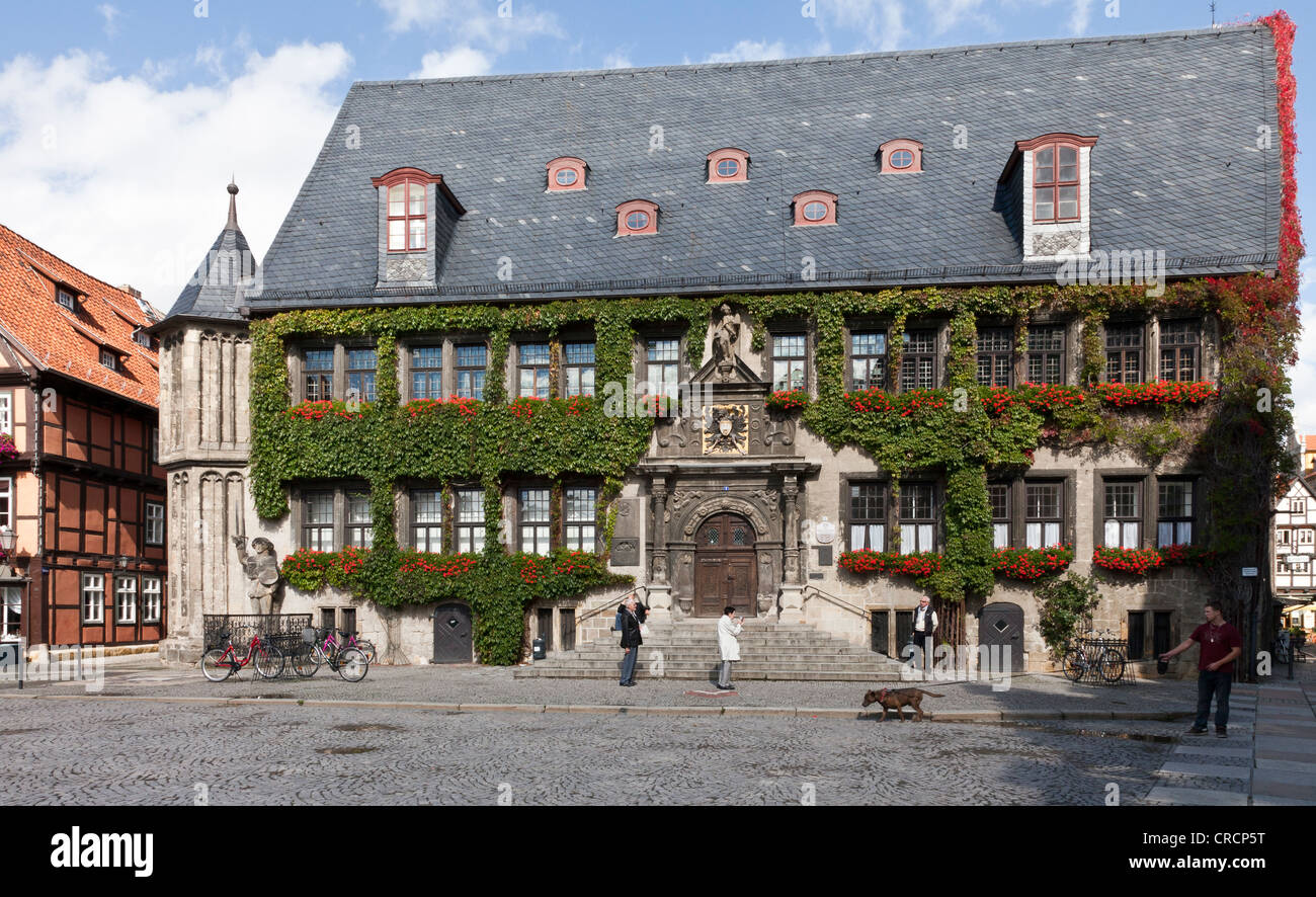 Altes Rathaus im Zentrum historischen Stadt Quedlinburg, UNESCO-Weltkulturerbe, östlichen Harz, Sachsen-Anhalt Stockfoto