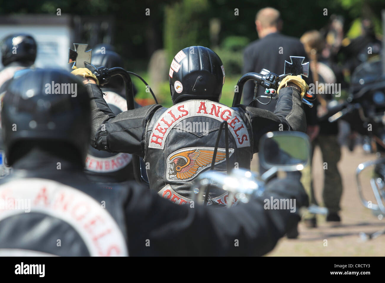 Mitglieder der Hells Angels Motorcycle Club, Trauerzug für eines verstorbenen Mitglieds, Koblenz, Rheinland-Pfalz Stockfoto