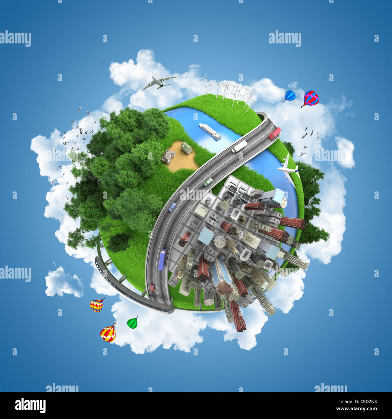 Globus-Konzept zeigt die verschiedenen Verkehrsträger und Lebensstile in der Welt Stockfoto