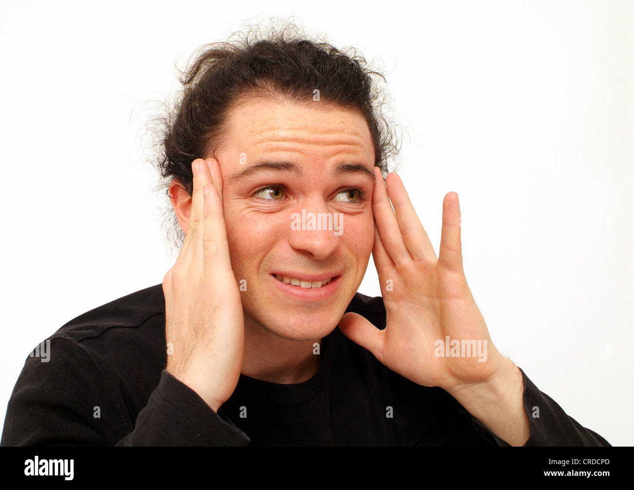 Mann mit Kopfschmerzen berühren seine temporos Stockfoto