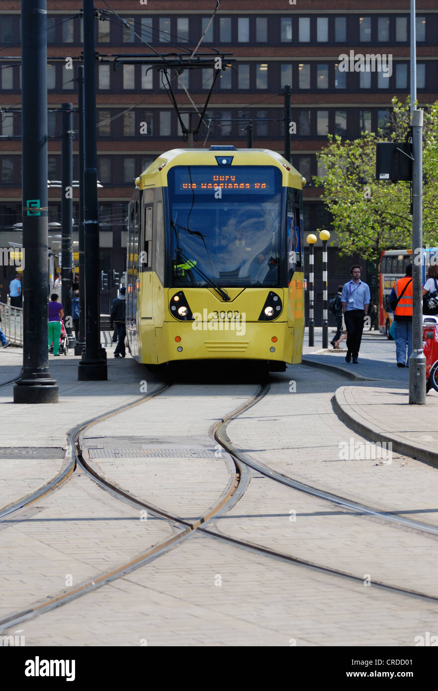 Metrolink Straßenbahn in Piccadilly, Manchester. Stockfoto