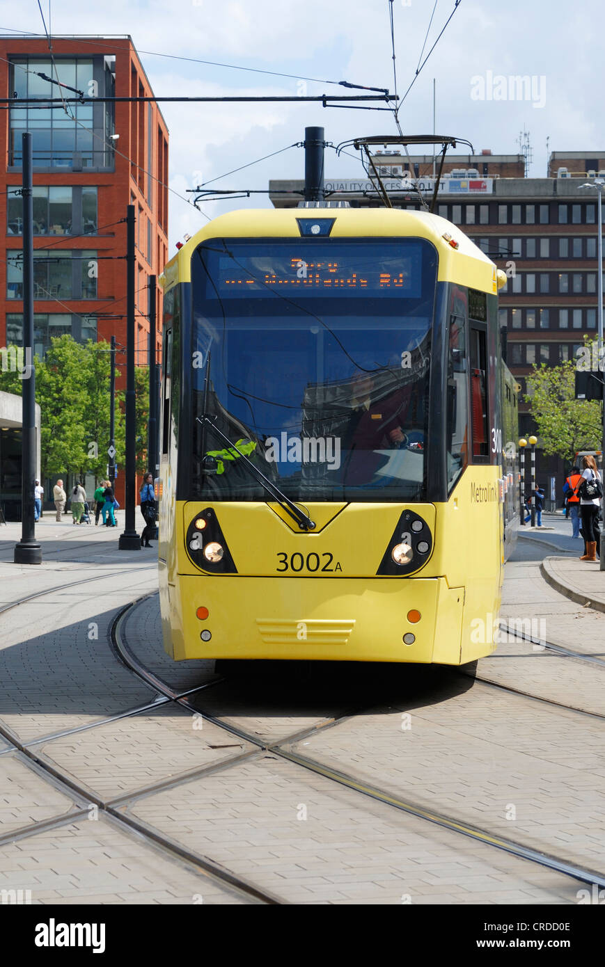 Metrolink Straßenbahn in Piccadilly, Manchester. Stockfoto