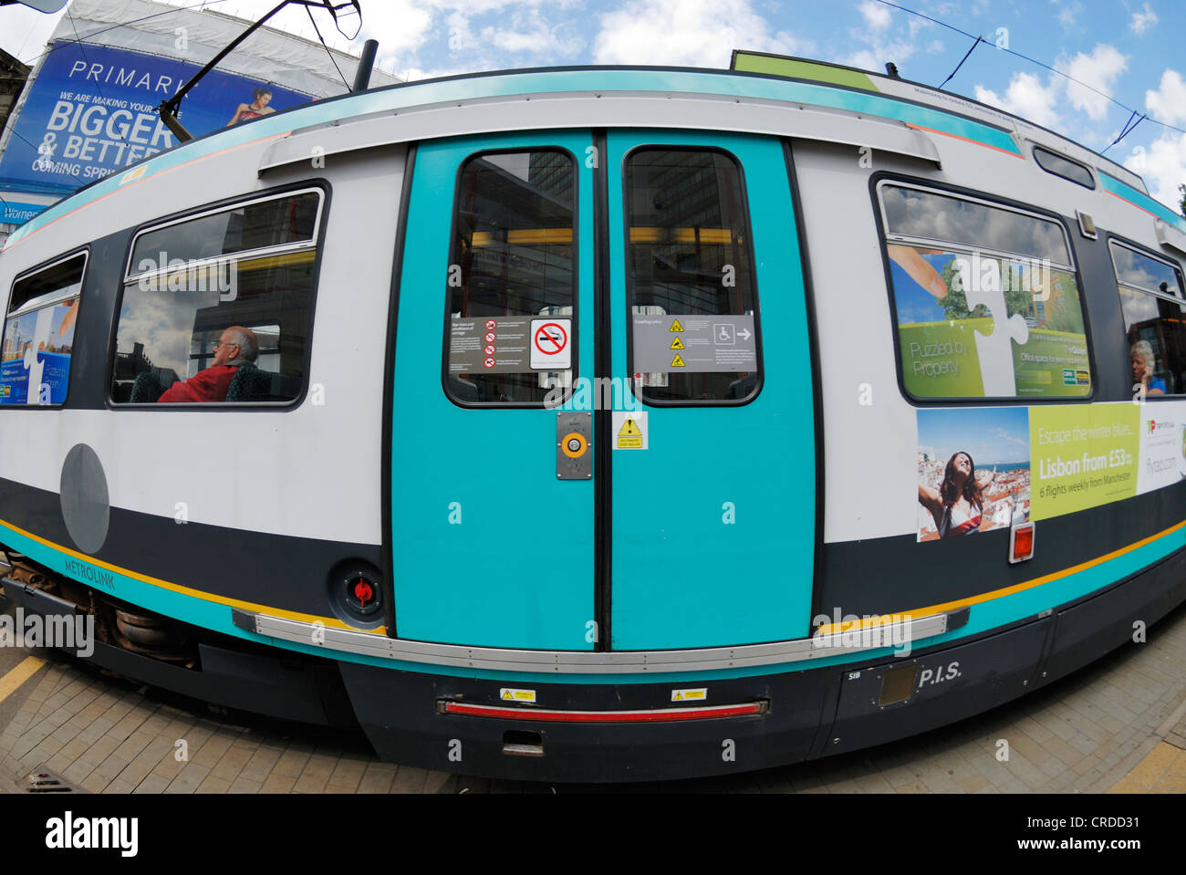 Metrolink Straßenbahn in Piccadilly, Manchester. Stockfoto