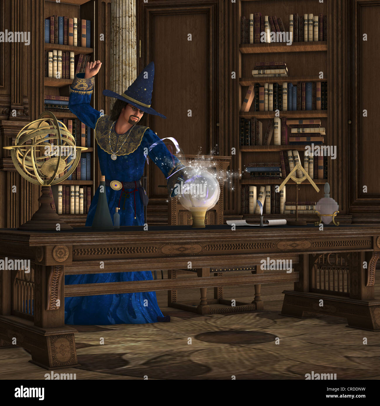 Ein Zauberer macht einen Zaubertrank Brauen in seiner Bibliothek voller Bücher. Stockfoto