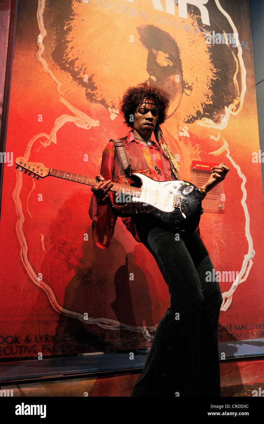 Gitarrist/Sänger Jimi Hendrix als Replikat Wachsfigur bei Madame Tussauds Wachsfigurenkabinett, Times Square. Stockfoto