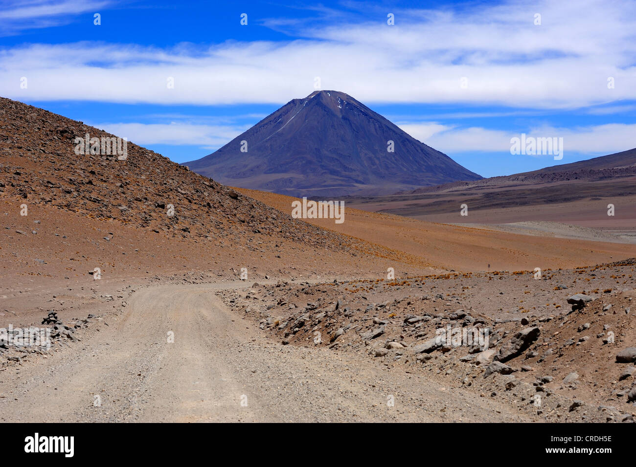 Wüste Straße mit Vulkan Lincancabur, Desierto de Salvador Dali, Uyuni, Bolivien, Südamerika Stockfoto