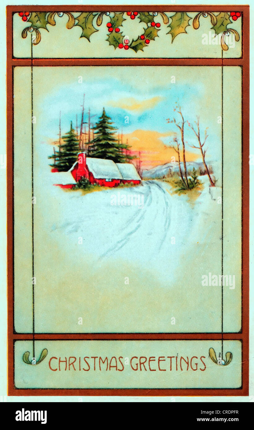 Weihnachtsgrüße - Vintage Weihnachtskarte mit Winterlandschaft Stockfoto