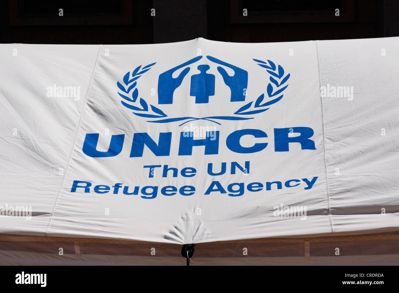 Zelt, Logo, UNHCR, Hohen Kommissars der Vereinten Nationen für Flüchtlinge, Vereinten Nationen, UN, schützende Flüchtlinge und Vertriebene Stockfoto