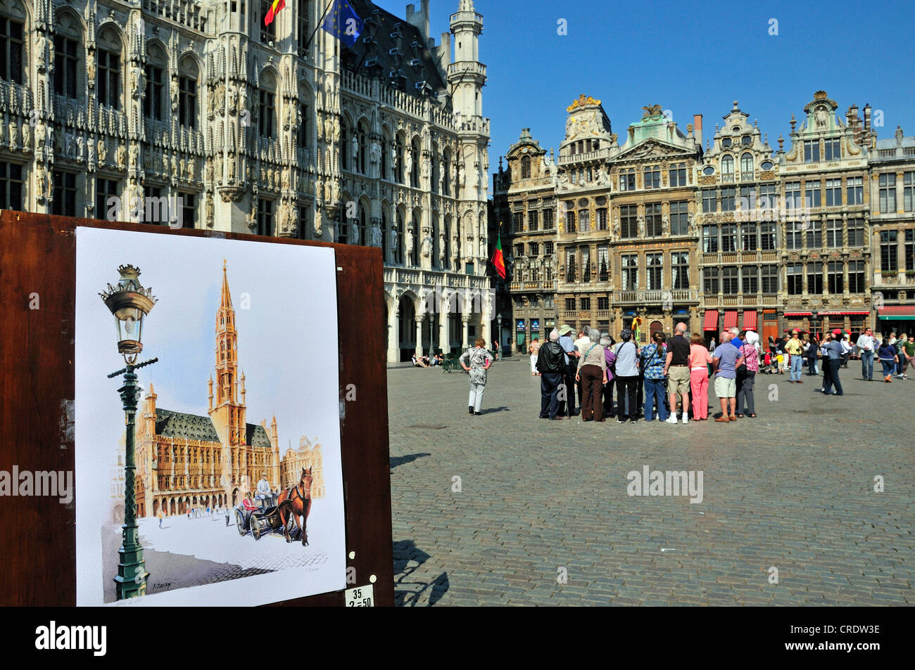 Ein Gemälde von Rathaus, Rathaus und Gildehäuser am Rücken, Grote Markt Platz, Grand Place Platz, Brüssel, Belgien Stockfoto