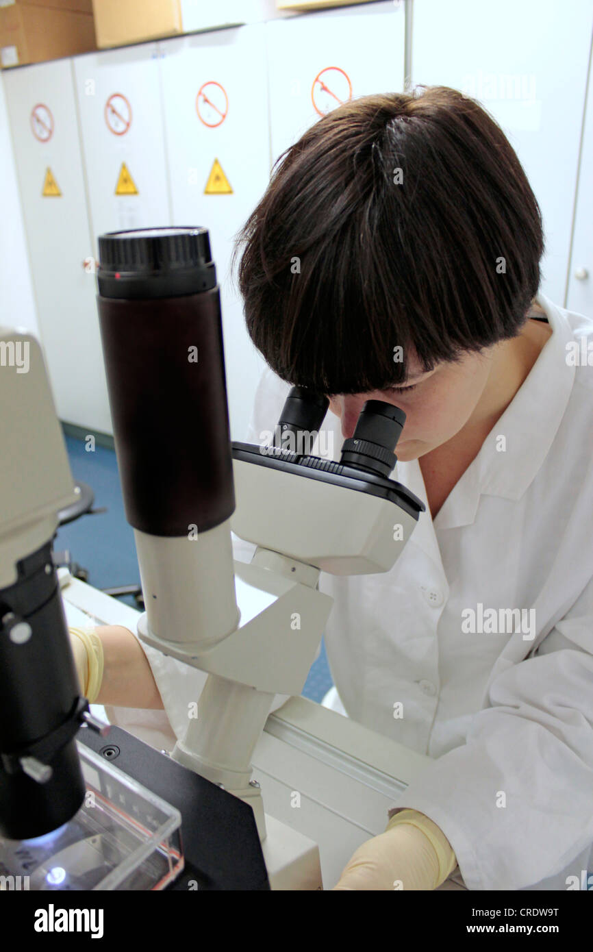 Wissenschaftler, die unter Verwendung eines Mikroskops Stockfoto