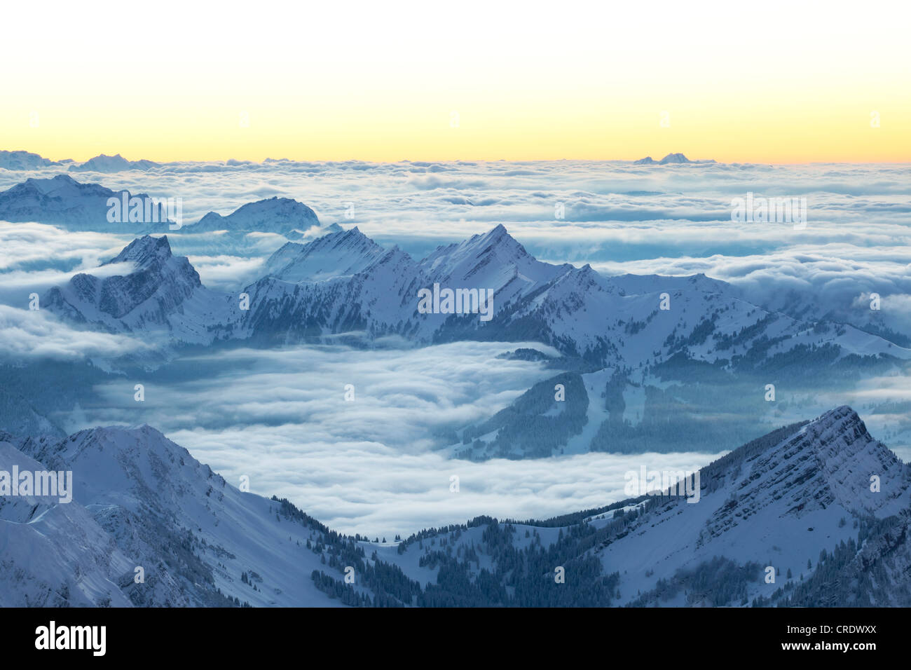 Winterlandschaft am Abend mit Blick auf Speer und Zentralschweiz vom Berg Säntis, Appenzell Alpstein Sortiment Stockfoto
