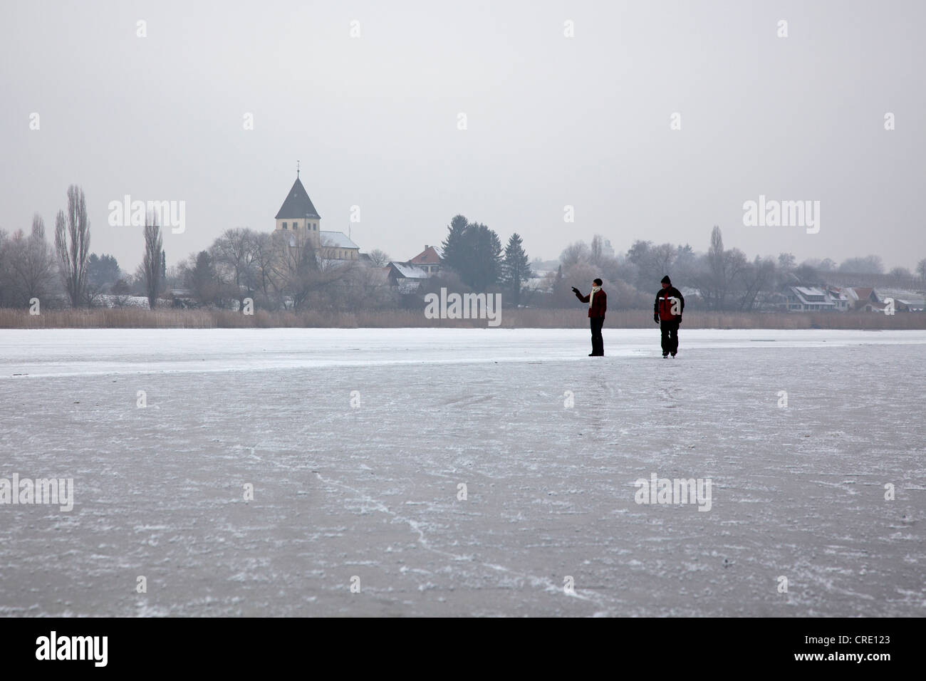 Gefrorenen Bodensee mit Menschen zwischen Insel Reichenau und Hegne, Bodensee, Baden-Württemberg, Deutschland, Europa Stockfoto