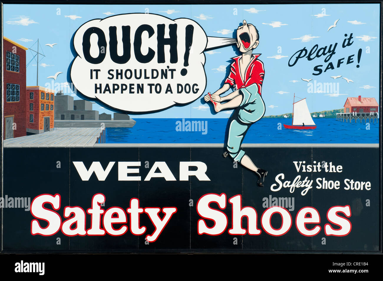 Autsch, Schuhe Comic-Warnschild Sicherheit tragen, nationaler historischer Park, BNHP, Boston Hafen von Boston, Massachusetts, Neuengland Stockfoto