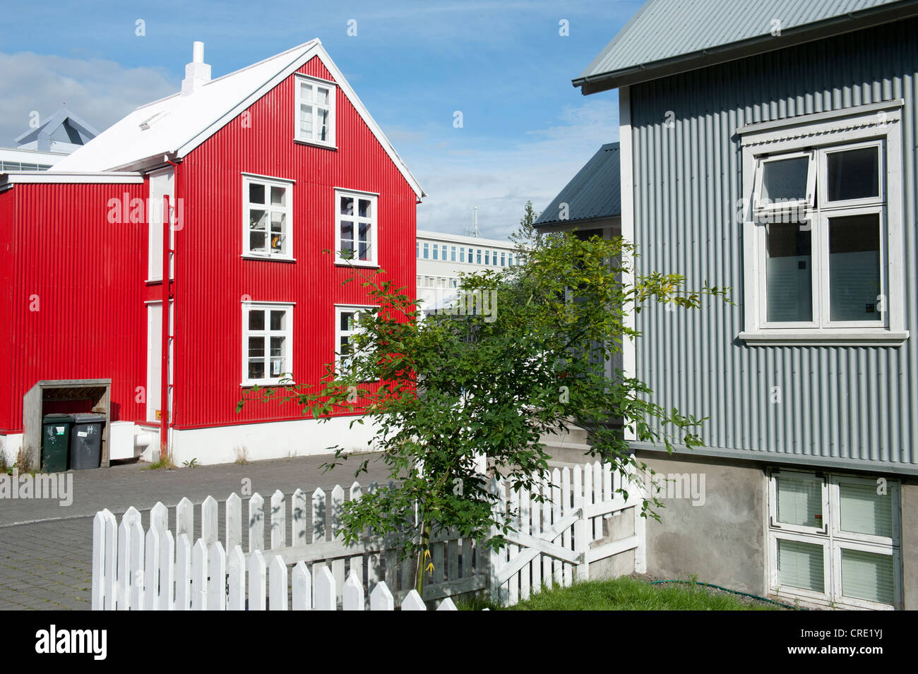 Rote und graue Haus aus Wellpappe Eisen, private Häuser, Reykjavík, Ísland, Island, Skandinavien, Nordeuropa, Europa Stockfoto