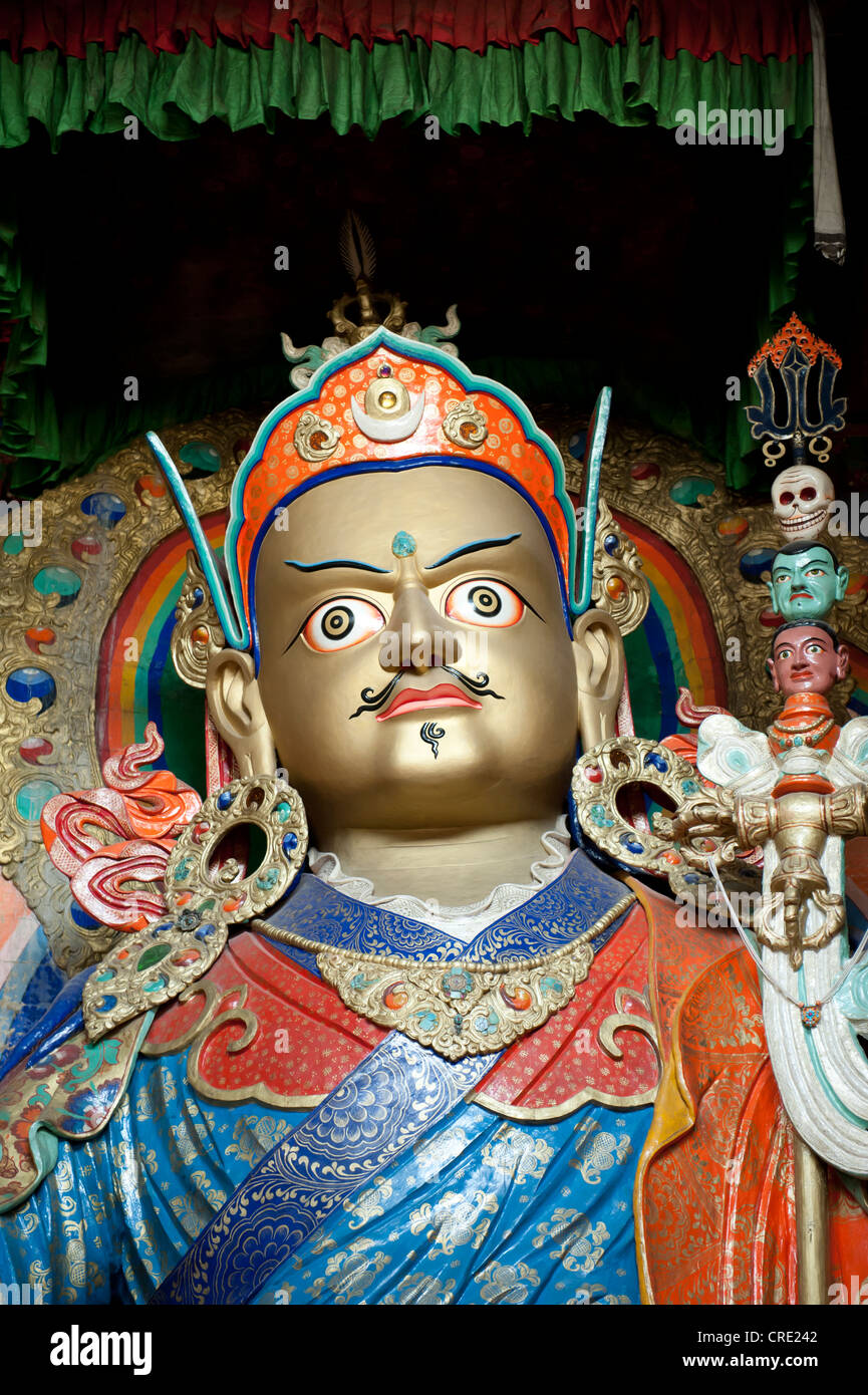 Tibetischen Buddhismus, Portrait, Statue von Padmasambhava, Guru Rinpoche, Hemis Gompa Kloster in der Nähe von Leh, Ladakh Bezirk Stockfoto