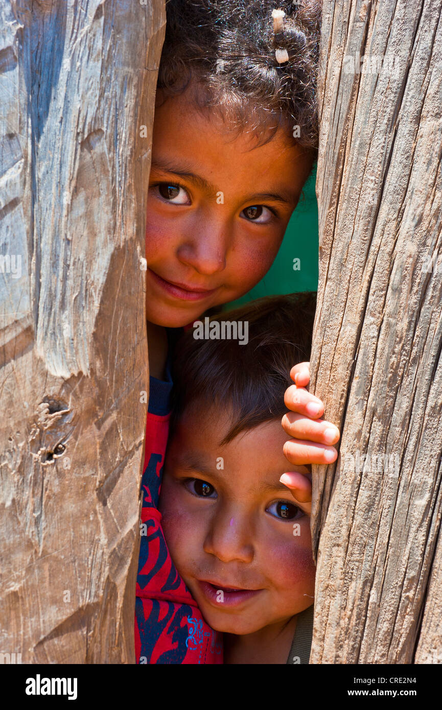 Zwei jungen spähte neugierig durch eine Lücke in einer Holzwand, mittlerer Atlas, Marokko, Afrika Stockfoto