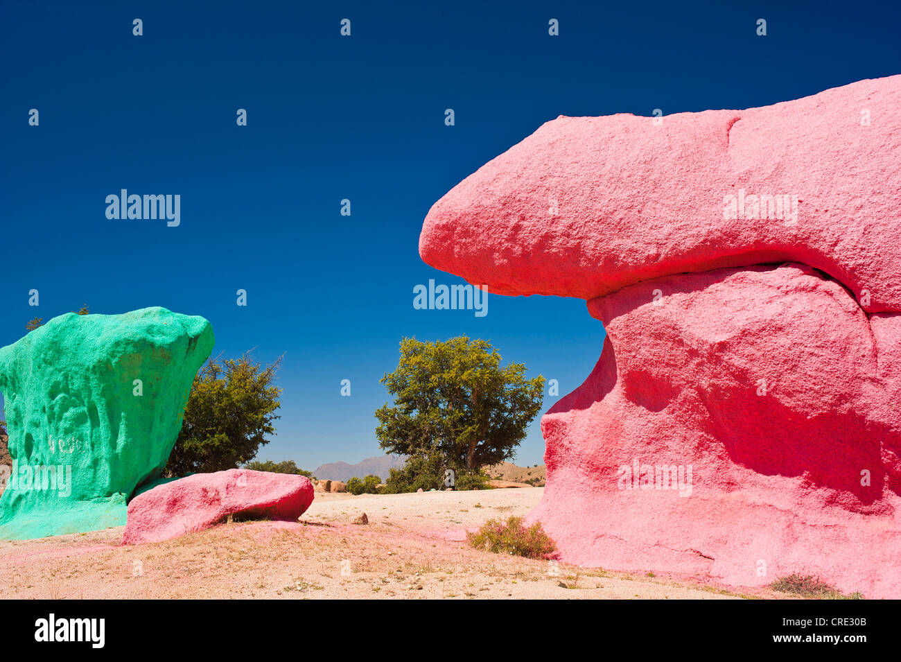 Gemalte Felsen des belgischen Künstlers Jean Verame nahe Tafraoute, Anti-Atlas, Südmarokko, Afrika Stockfoto