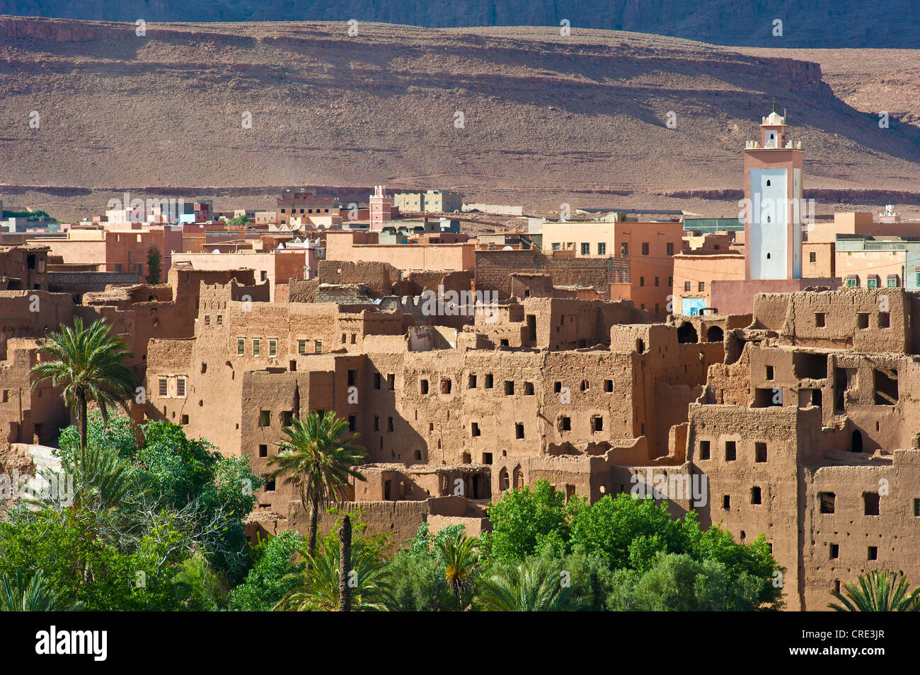 Oasis Village, verfallenden Kasbahs, Schlamm Festungen, Wohn Burgen Berberstamm mit modernen Häusern und Moschee mit Stockfoto