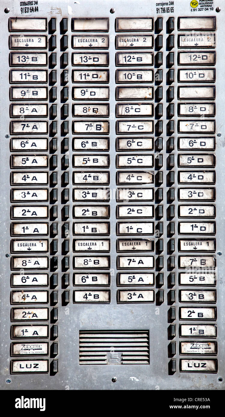 Panel mit unzähligen Wohnung Summer auf ein Wohnhaus in Madrid, Spanien, Europa Stockfoto