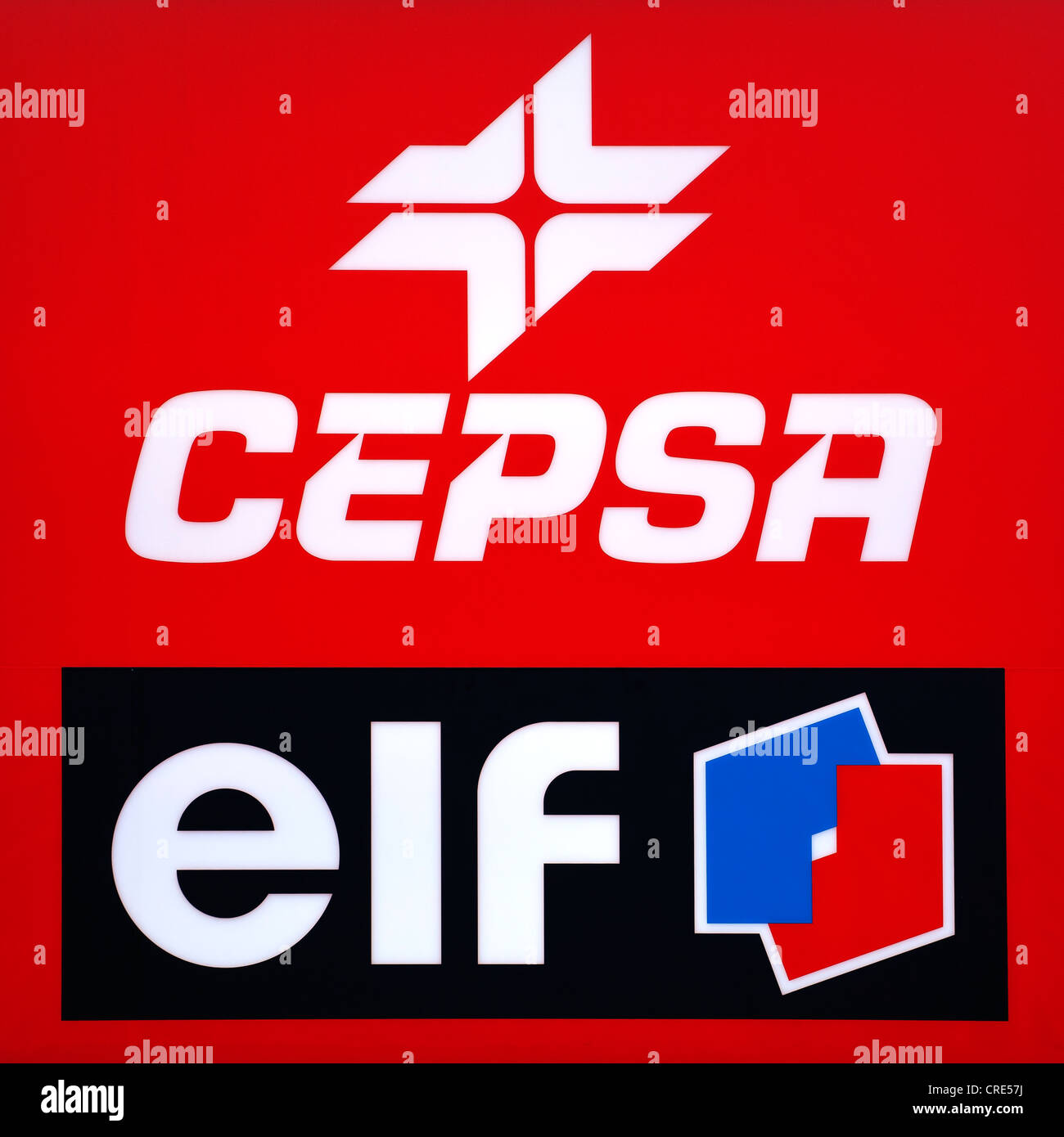 Logos und Logos der spanischen Öl Firma Cepsa, Compania Espanola de Petroleos und dem französischen Ölkonzern Elf Stockfoto