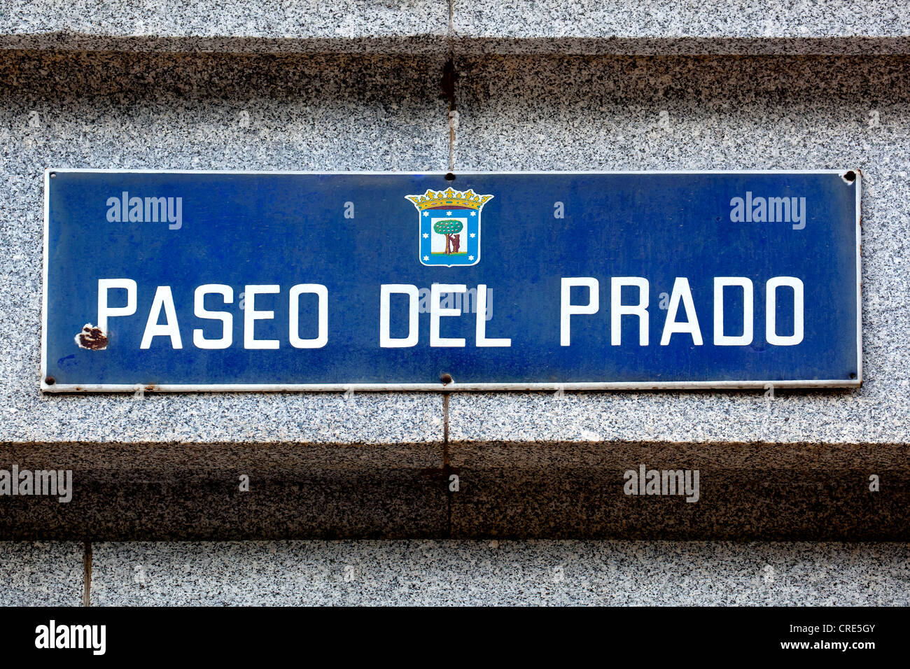 Straßenschild, Boulevard Paseo del Prado, Madrid, Spanien, Europa Stockfoto