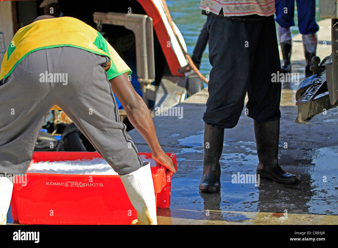 Arbeitnehmer laden Eimer Eis auf Fischerboot im Hafen von Hout Bay in der Nähe von Kapstadt, Südafrika. Stockfoto