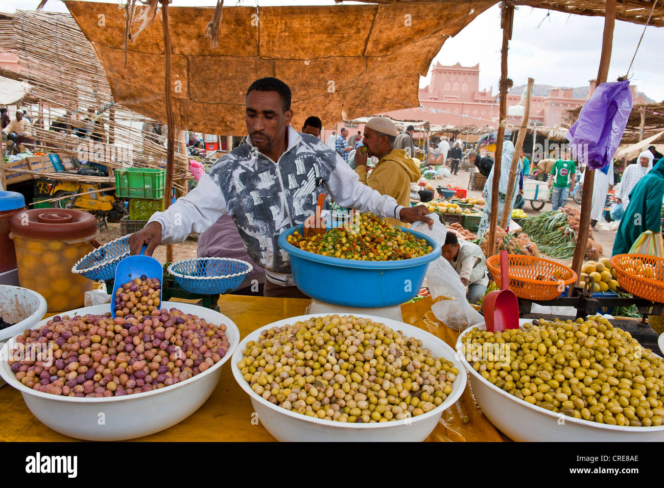 Marktstand auf einem Souk oder Basar, junger Mann bietet verschiedene Arten von Oliven in großen Schüsseln, Zagora, Draa-Tal, Marokko Stockfoto