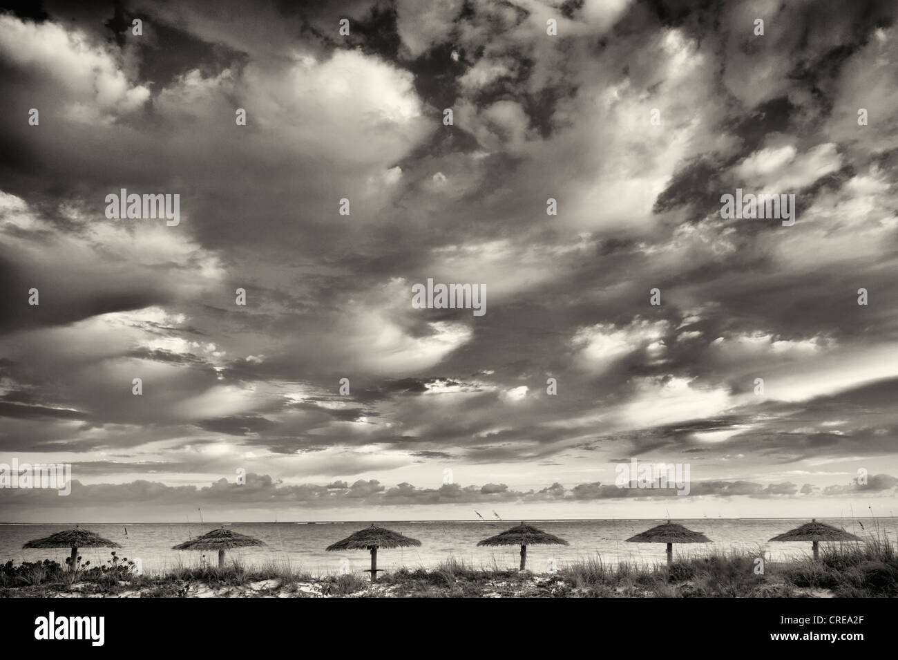 Reed Umbellas und Sonnenaufgang Wolken. Turks- und Caicosinseln. Providenciales Stockfoto