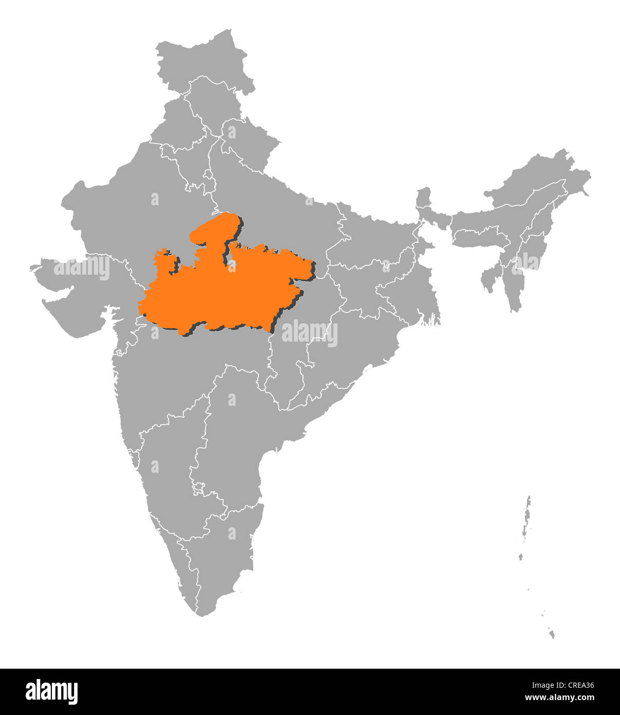 Politische Karte von Indien mit den mehrere Staaten Madhya Pradesh wo markiert ist. Stockfoto