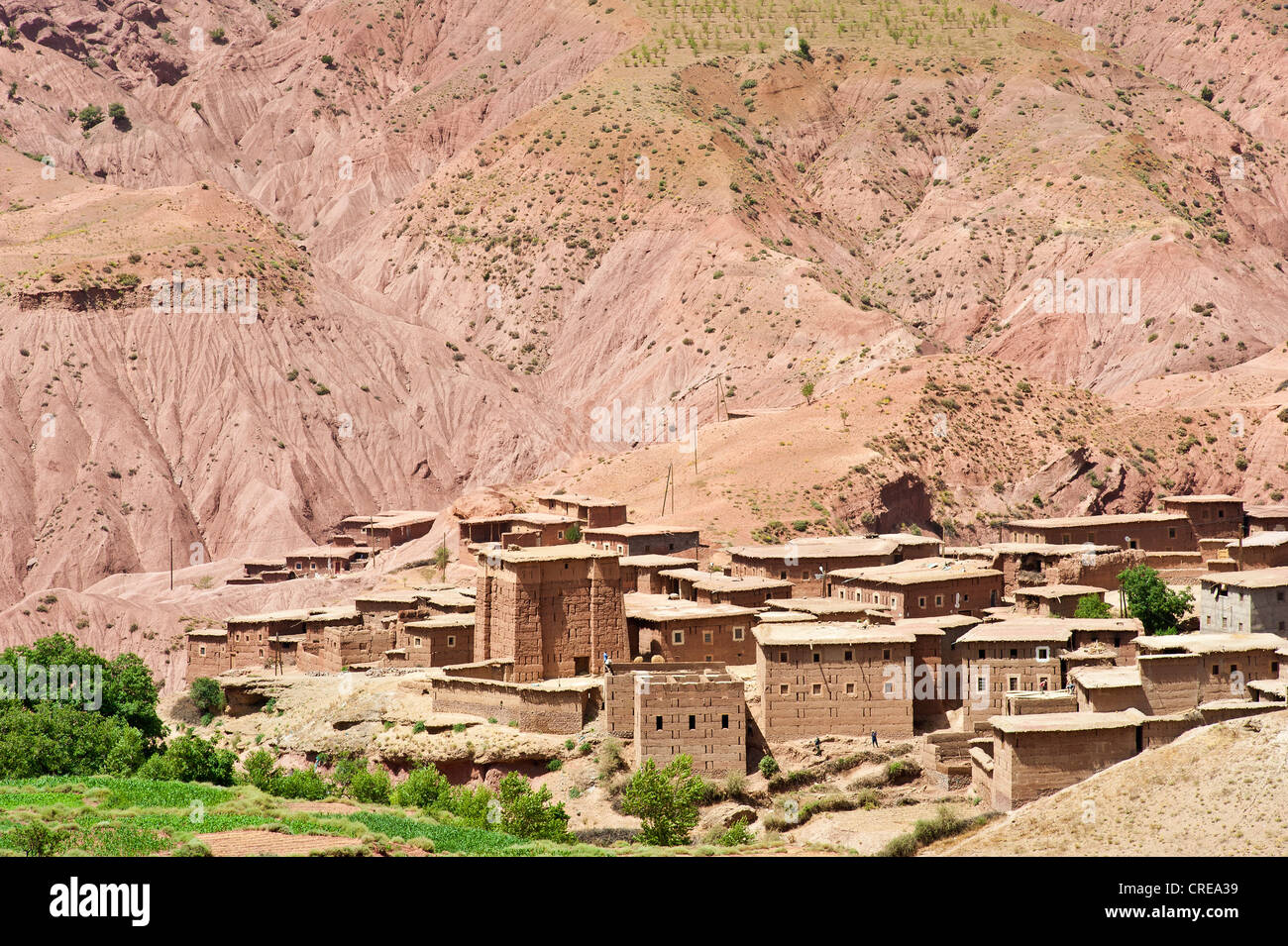 Typischen Berber-Dorf mit Kasbah und Schlamm Ziegel Häuser, Ait Bouguemez-Tal, hohen Atlas Gebirge, Marokko, Afrika Stockfoto