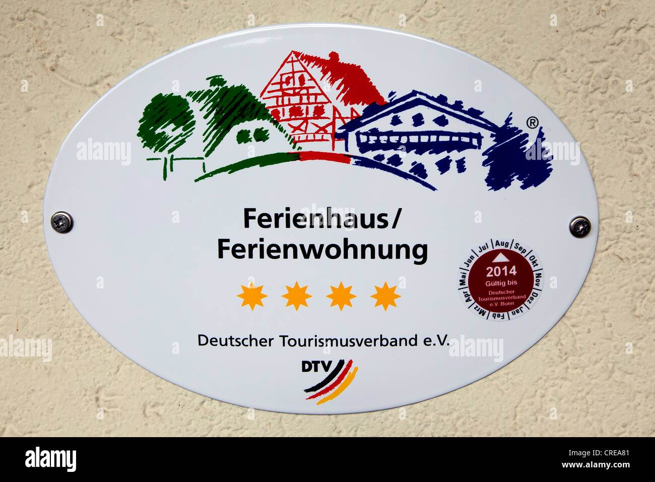 4-Sterne-Gütesiegel für ein Ferienhaus, Deutscher Tourismus Verband DTV Urlaub zuhause, deutscher Tourismus-Verband Stockfoto