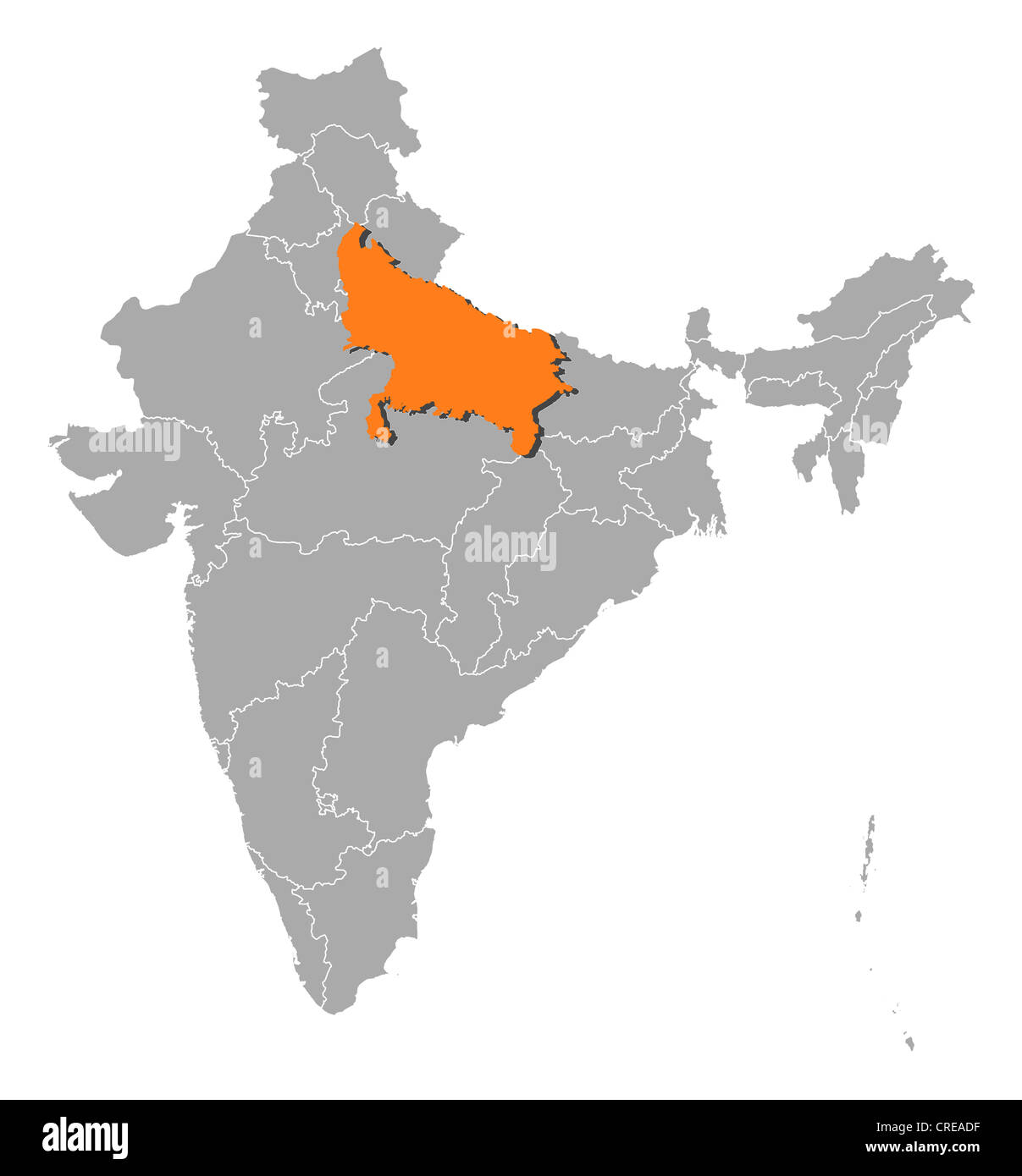 Politische Karte von Indien mit den mehrere Staaten Uttar Pradesh wo markiert ist. Stockfoto