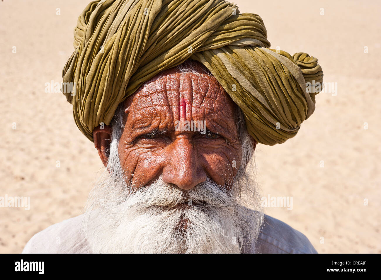 Porträt von einem älteren Rajasthani, indischer Mann mit einem grauen Bart mit traditionellen Turban, Thar-Wüste, Rajasthan, Indien Stockfoto