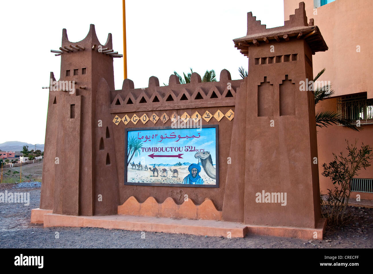 Bestimmungsort-Brett Tombouctou, Timbuktu, 52 Tage zeigen die historischen Karawanenstraße durch die Sahara Wüste, Draa-Tal Stockfoto