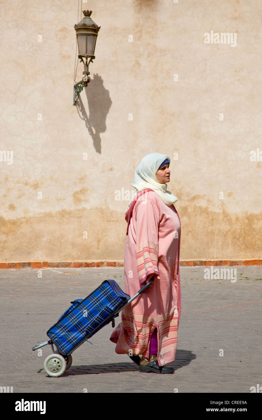 Frau trägt ein Djellaba, ein traditionelles Gewand, mit einem Einkaufswagen vor Ben Youssef Madrasa in der Medina Stockfoto